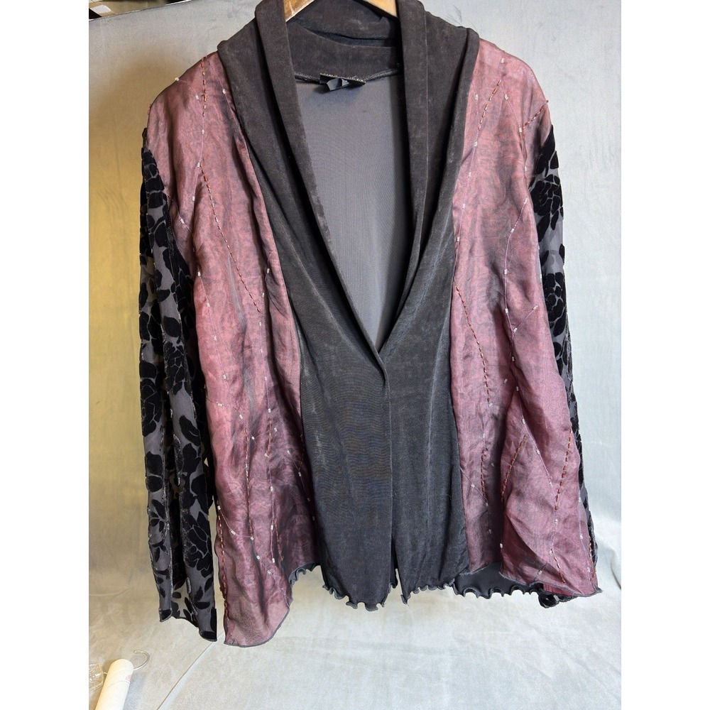 Ahni Womens Black Maroon Cardigan Mixed Media Velvet Burnout  Beaded  Goth M L